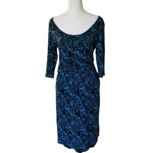 Athleta dress blue and black floral stretchy bodycon viscose knit size M